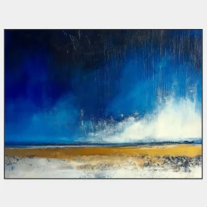Abstraktes Gemälde mit dramatischer Landschaft und kontrastreichen Blau- und Goldtönen.
