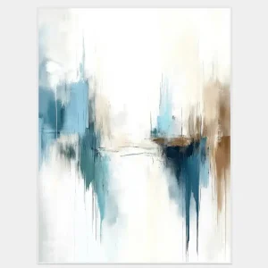 This abstract painting with dynamic composition impresses with vivid blue-beige strokes and strong contrasts.