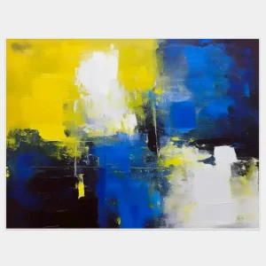 An abstract painting with depth in intense tones of yellow, blue and white with a spatial effect.