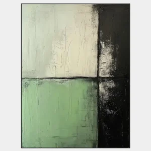 The abstract painting with contrasting composition combines strong blocks of colour in black, white and green.