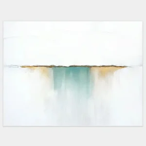 This abstract painting with a minimalist character uses subtle transitions between white, blue and gold.