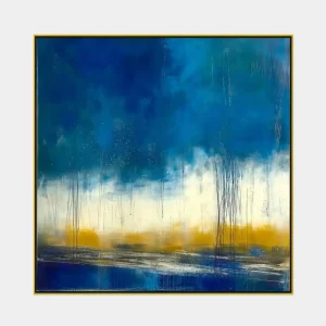 The abstract painting with a blue and white landscape captures drama and depth with rich colours.