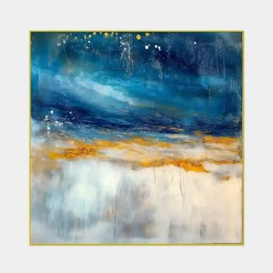 The abstract painting in soft tones combines blue, white and gold in a harmonious composition.