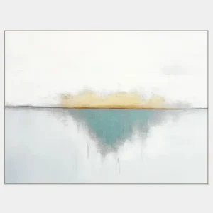 The abstract painting in minimalist style uses subtle transitions between white, green and gold.