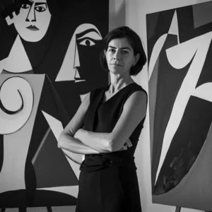 Formální černobílý portrét španělské malířky Carmen Vidal před jejími kubistickými obrazy