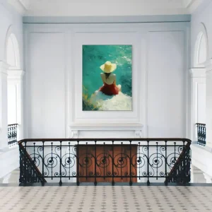 An impressionistic painting full of summer atmosphere with a woman by the water and a shining sun.