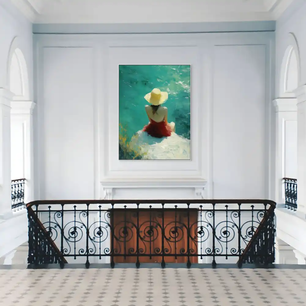 LETNÍ ODPOČINEK - IMPRESIONISTICKÝ OBRAZ (AIA 313) 2 An impressionistic painting full of summer atmosphere with a woman by the water and a shining sun.