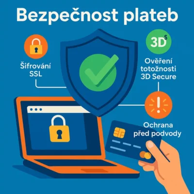 Ilustrace online bezpečnosti plateb – Modré pozadí s oranžovým notebookem zobrazujícím HTTPS, zeleným štítem s fajfkou symbolizujícím SSL šifrování, rukou držící platební kartu a ikonami představujícími 3D Secure a ochranu proti podvodům.
