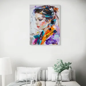 Ein expressionistisches Gemälde, das die zarte Schönheit einer Frau in einer farbenfrohen Komposition einfängt.