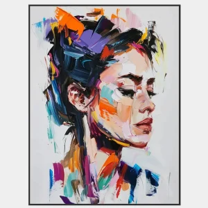 Expressionistisches Bild einer Frau in kontrastreichen Farben und malerischer Gestik.