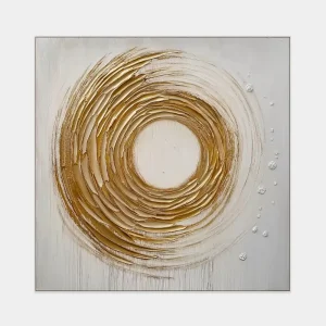 Geometric abstraction with gold texture in a circular composition with fine details.