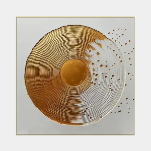 Geometric abstraction with gold accents and a sculptural circular motif in a light field.