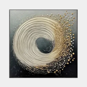 Geometric abstraction of spiral shape with distinctive sculptural structure and golden details.