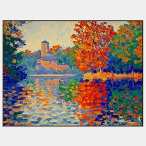 Impresionistická malba podzimní krajiny s barevným odrazem ve vodní hladině.