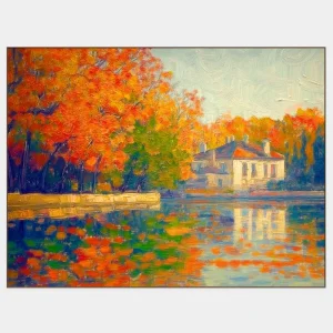 Impressionist painting of a villa by a river in an autumn landscape with colourful reflection.