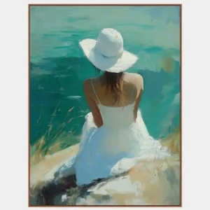 This impressionistic painting of a woman by a lake captures summer tranquillity and contemplation in a romantic artistic style.