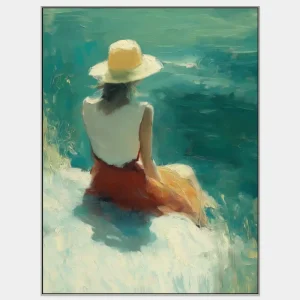 This impressionistic painting of a woman by the water with a straw depicts a tranquil summer scene with delicate brushstrokes.