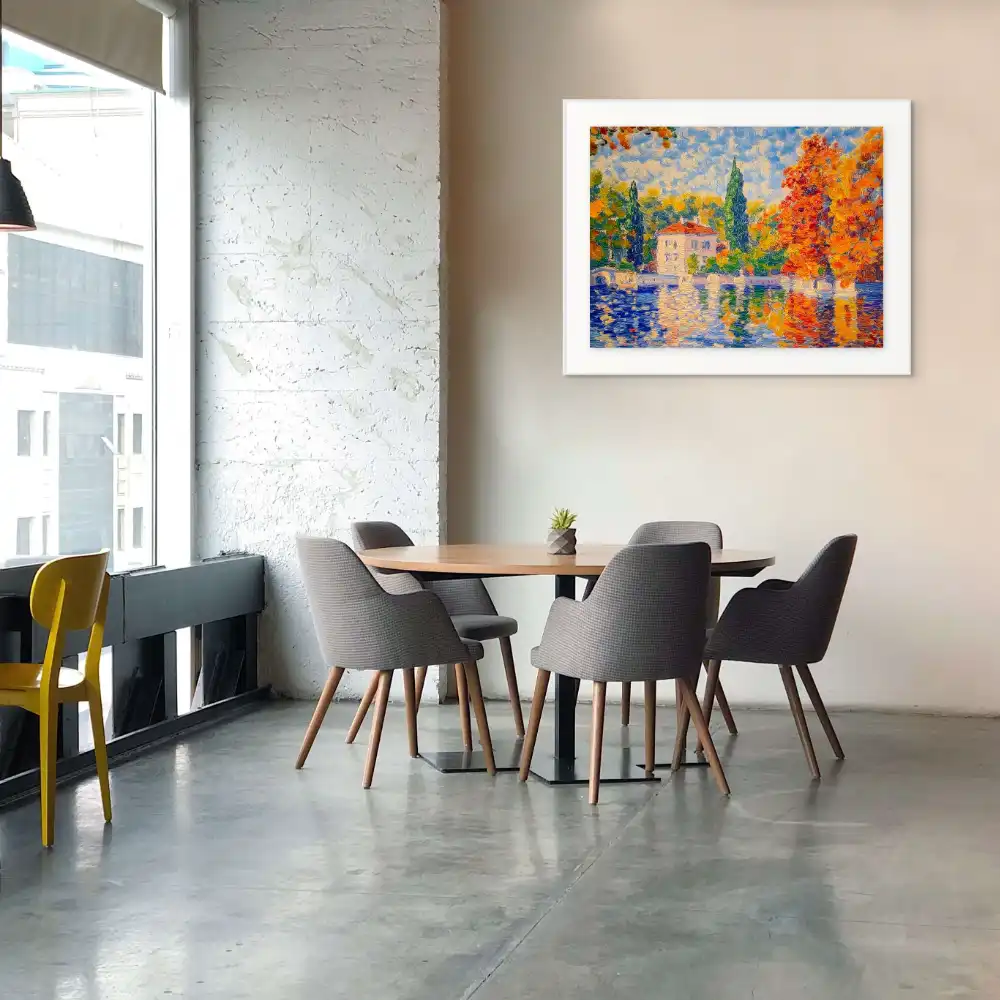 DŮM U MODRÉ HLADINY - IMPRESIONISTICKÝ OBRAZ (AIA 310) 2 Impresionistický obraz s podzimní krajinou u vody s vilou a barevnými stromy.