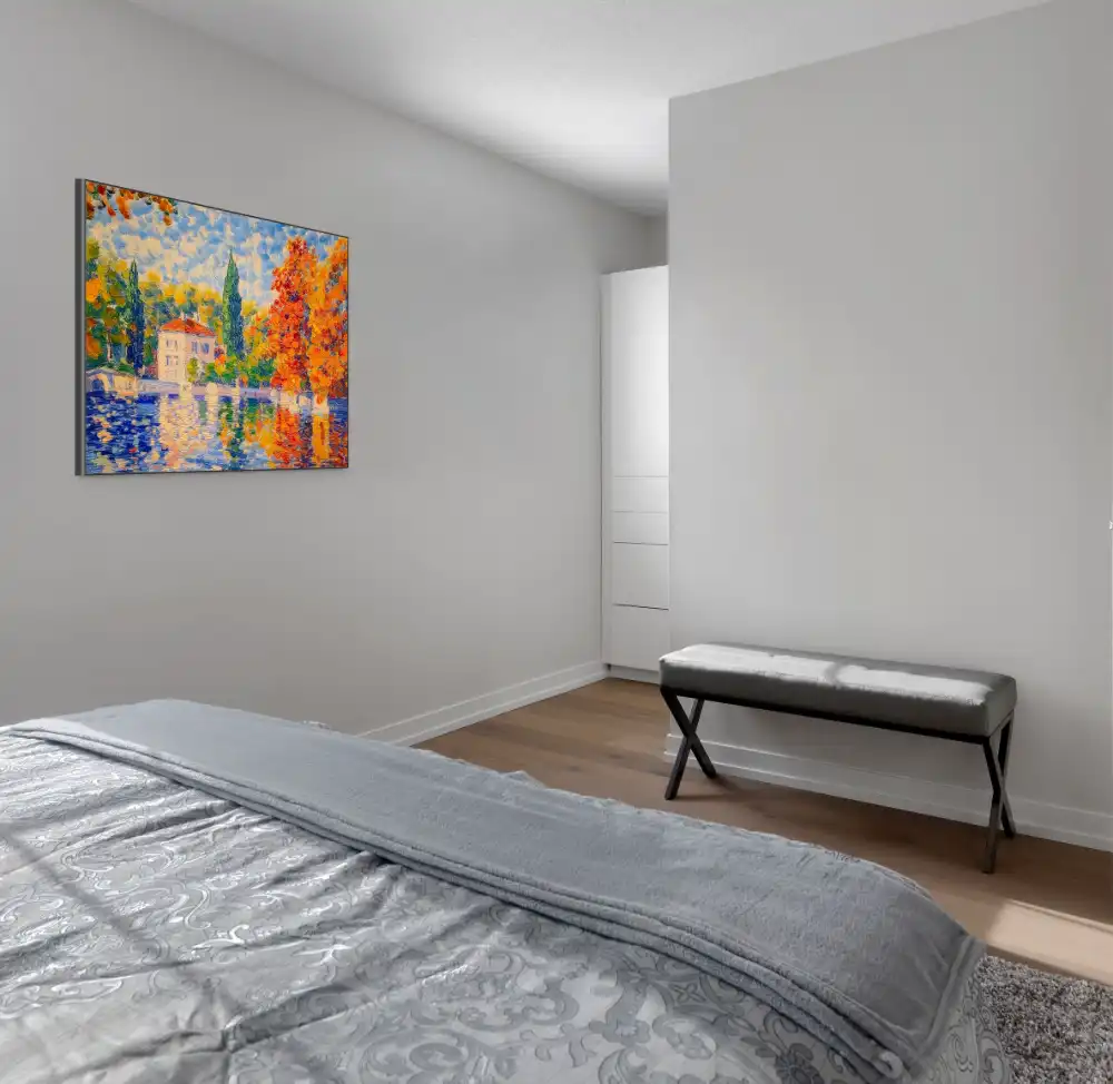 DŮM U MODRÉ HLADINY - IMPRESIONISTICKÝ OBRAZ (AIA 310) 3 Impresionistický obraz s podzimní krajinou u vody s vilou a barevnými stromy.