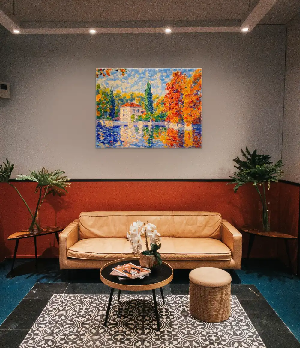 DŮM U MODRÉ HLADINY - IMPRESIONISTICKÝ OBRAZ (AIA 310) 5 Impresionistický obraz s podzimní krajinou u vody s vilou a barevnými stromy.