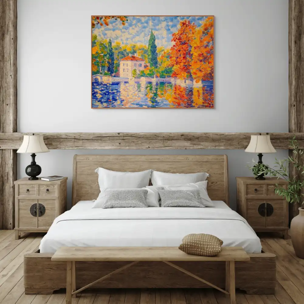 DŮM U MODRÉ HLADINY - IMPRESIONISTICKÝ OBRAZ (AIA 310) 6 Impresionistický obraz s podzimní krajinou u vody s vilou a barevnými stromy.