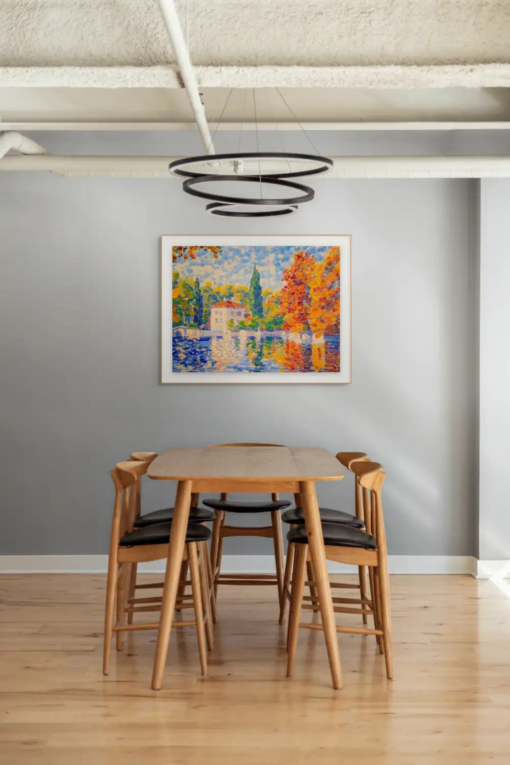 DŮM U MODRÉ HLADINY - IMPRESIONISTICKÝ OBRAZ (AIA 310) 7 Impresionistický obraz s podzimní krajinou u vody s vilou a barevnými stromy.