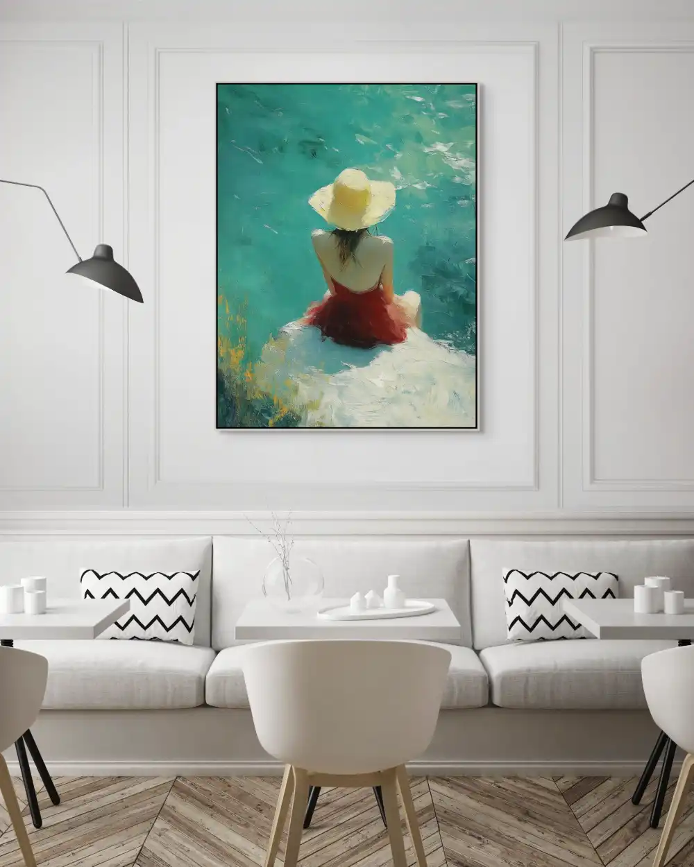 LETNÍ ODPOČINEK - IMPRESIONISTICKÝ OBRAZ (AIA 313) 3 An impressionistic painting full of summer atmosphere with a woman by the water and a shining sun.