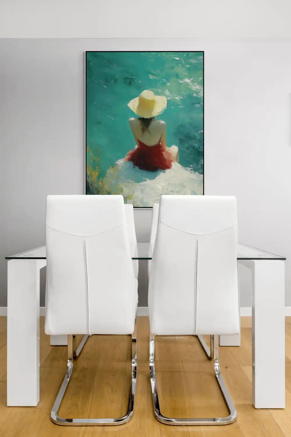 LETNÍ ODPOČINEK - IMPRESIONISTICKÝ OBRAZ (AIA 313) 5 An impressionistic painting full of summer atmosphere with a woman by the water and a shining sun.