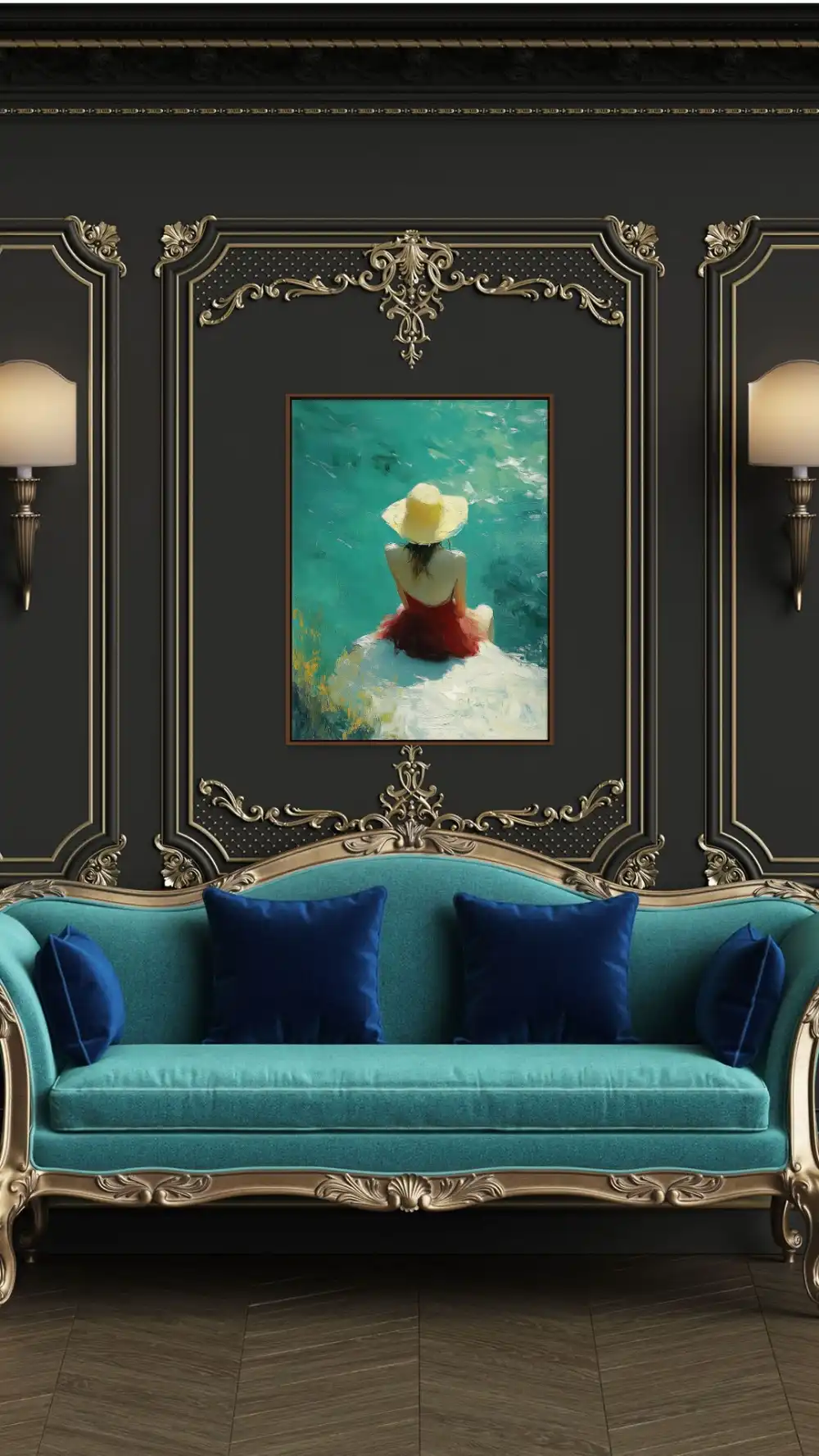 LETNÍ ODPOČINEK - IMPRESIONISTICKÝ OBRAZ (AIA 313) 9 An impressionistic painting full of summer atmosphere with a woman by the water and a shining sun.