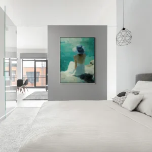 Impresionistický obraz ženy u vody vyzařuje klid a letní pohodu v jemné paletě barev.