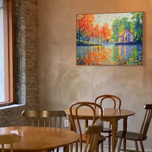 Impressionist painting of a mill by a pond with autumn leaves and reflection in the water.