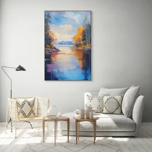 Impressionistic painting of nature by the lake with colourful reflection of autumn trees