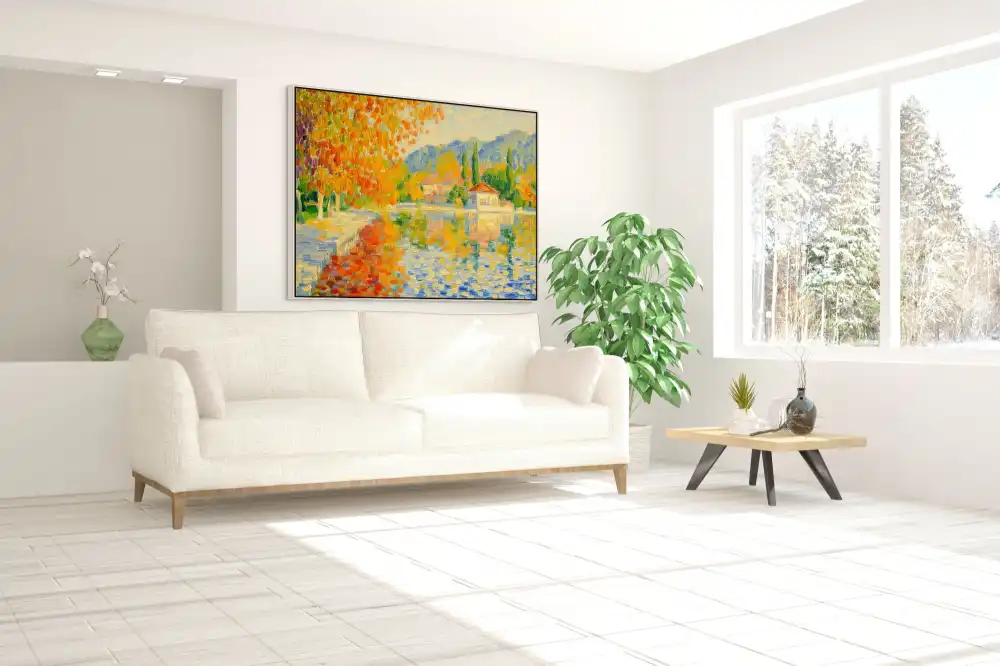 PODZIMNÍ ZRCADLENÍ - IMPRESIONISTICKÝ OBRAZ (DIA 310) 3 Impressionistic painting of a villa by a lake in autumn colours with reflection of the water.