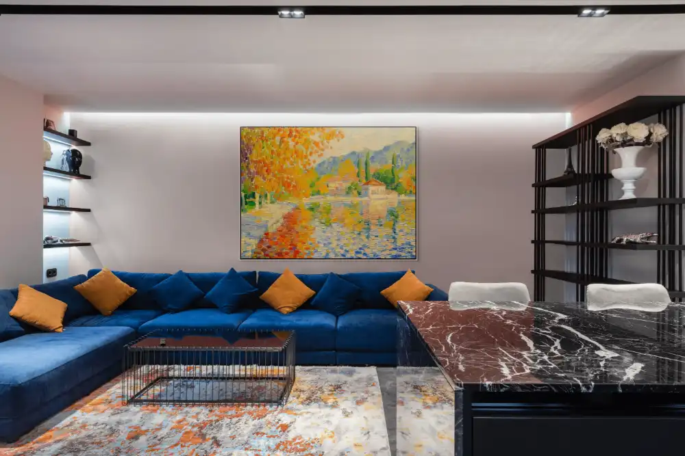 PODZIMNÍ ZRCADLENÍ - IMPRESIONISTICKÝ OBRAZ (DIA 310) 4 Impressionistic painting of a villa by a lake in autumn colours with reflection of the water.