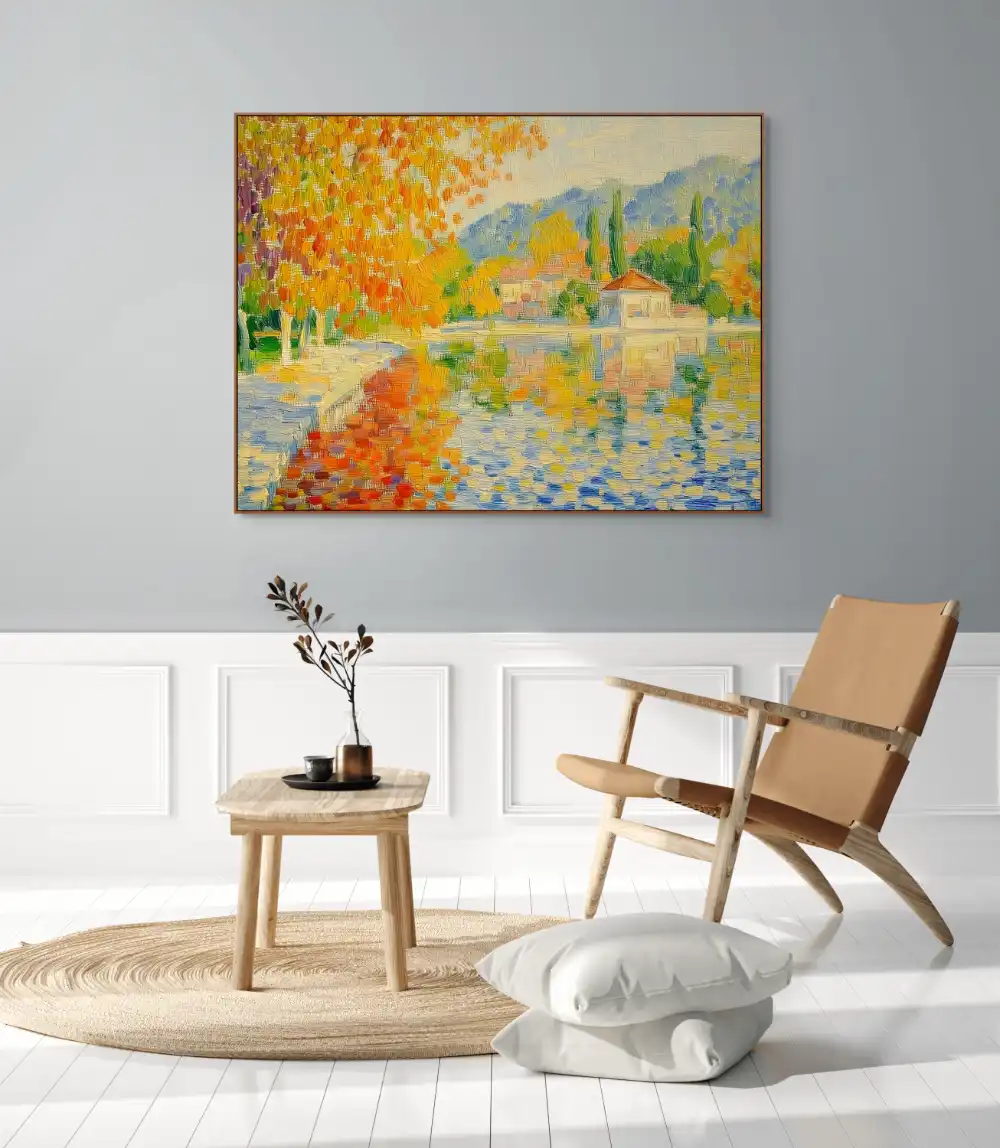 PODZIMNÍ ZRCADLENÍ - IMPRESIONISTICKÝ OBRAZ (DIA 310) 7 Impressionistic painting of a villa by a lake in autumn colours with reflection of the water.