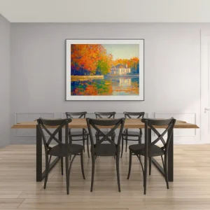 Impressionist painting of a villa by a river in an autumn landscape with colourful reflection.