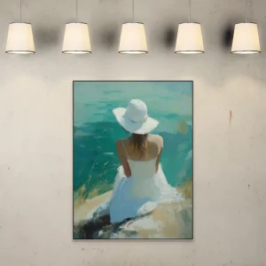 This impressionistic painting of a woman by a lake captures summer tranquillity and contemplation in a romantic artistic style.