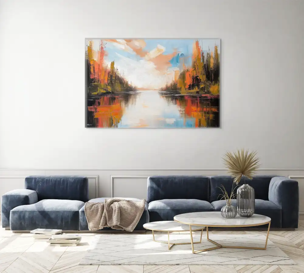 PODZIMNÍ ŘEKA - IMPRESIONISTICKÝ OBRAZ (EIA 704) 4 Impressionistic image of a lake surrounded by a forest in warm autumn colours
