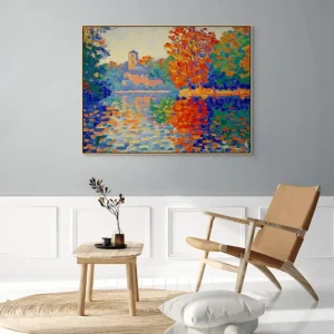 Impresionistická malba podzimní krajiny s barevným odrazem ve vodní hladině.