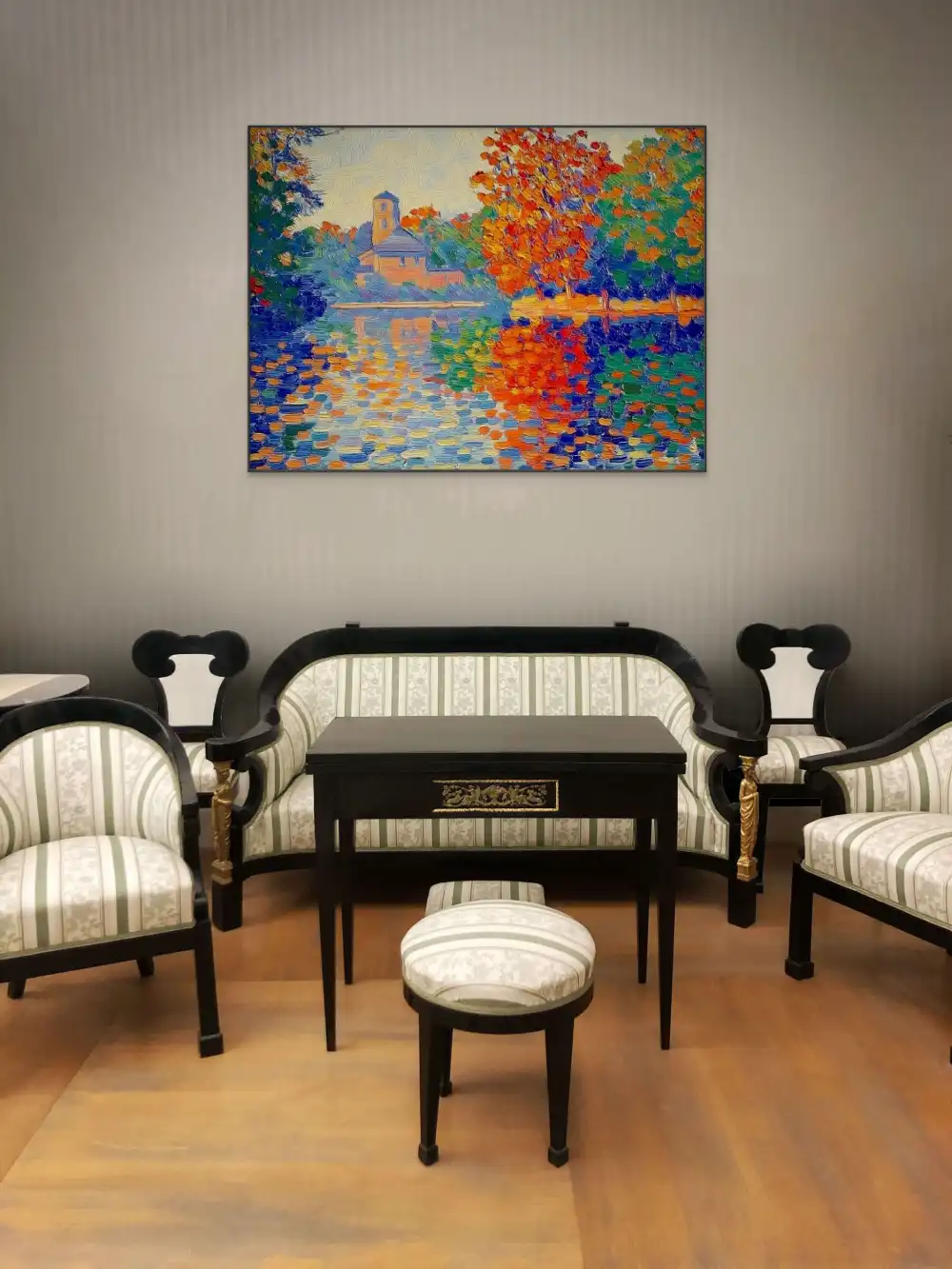 PODZIMNÍ OZVĚNA - IMPRESIONISTICKÝ OBRAZ (FIA 310) 4 Impresionistická malba podzimní krajiny s barevným odrazem ve vodní hladině.