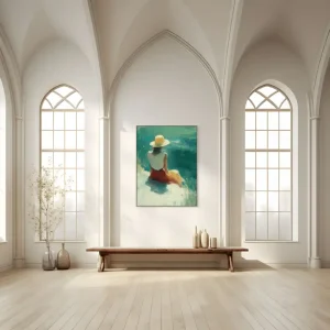 This impressionistic painting of a woman by the water with a straw depicts a tranquil summer scene with delicate brushstrokes.