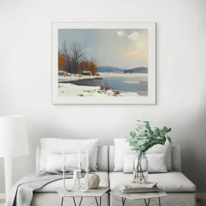 Impressionistic painting of a lake in winter with soft strokes and snowy landscape