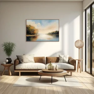 Impressionistic painting of a calm lake with soft light and autumn landscape