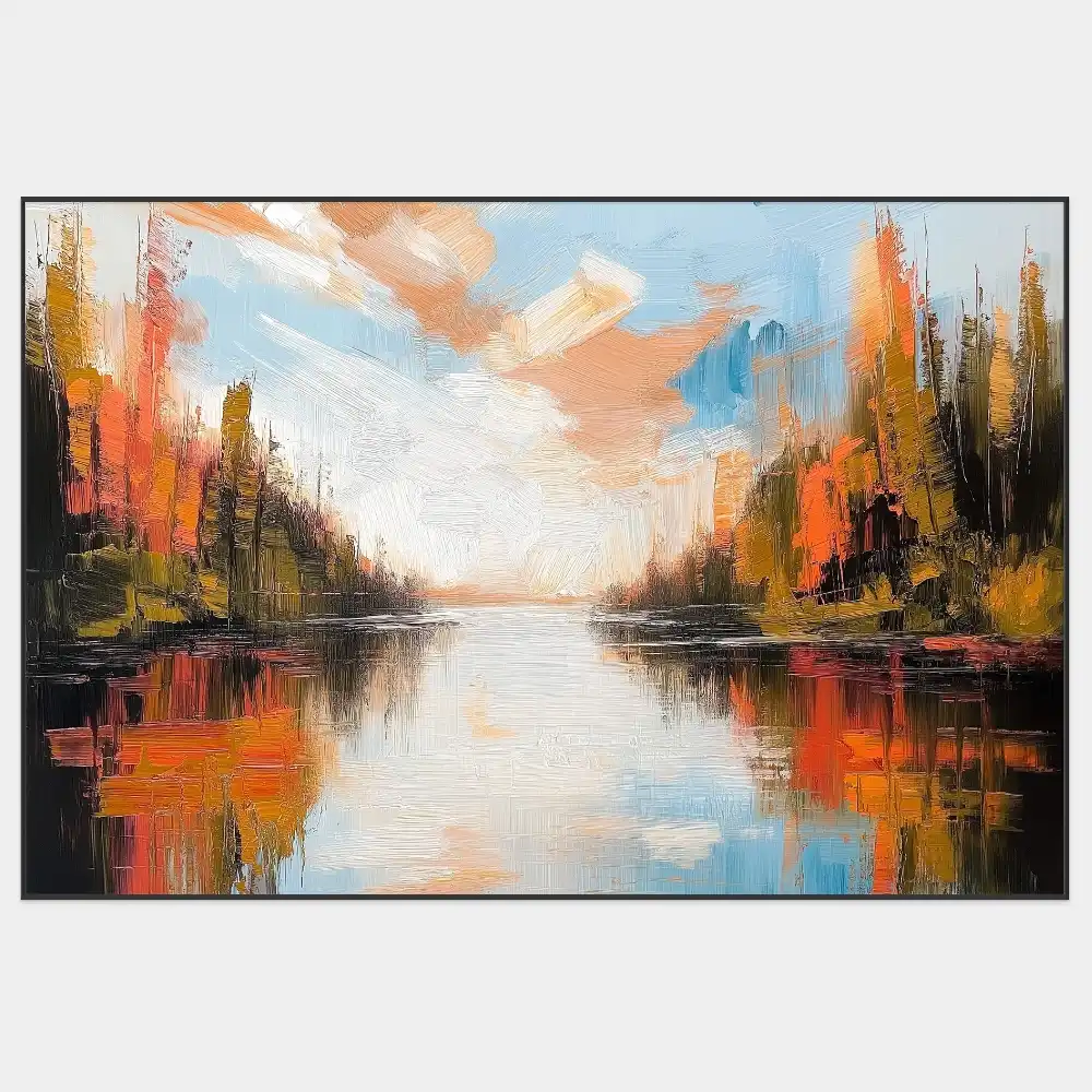 PODZIMNÍ ŘEKA - IMPRESIONISTICKÝ OBRAZ (EIA 704) 1 Impressionistic image of a lake surrounded by a forest in warm autumn colours