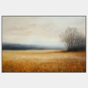 Impressionistic landscape painting in autumn with foggy horizon and dry grass