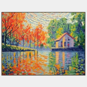 Impressionist painting of a mill by a pond with autumn leaves and reflection in the water.