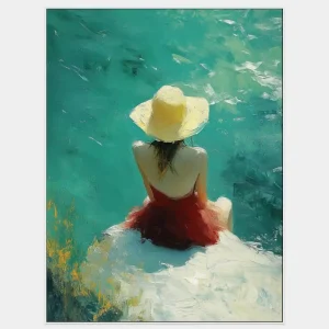 An impressionistic painting full of summer atmosphere with a woman by the water and a shining sun.