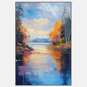 Impressionistic painting of nature by the lake with colourful reflection of autumn trees