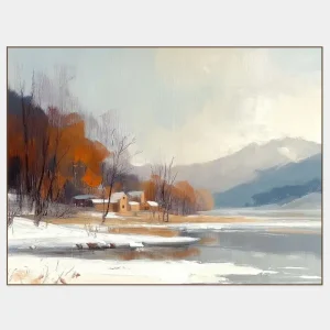 Impressionistisches Gemälde eines Gebäudes am See in einer verschneiten Berglandschaft