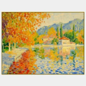 Impressionistic painting of a villa by a lake in autumn colours with reflection of the water.